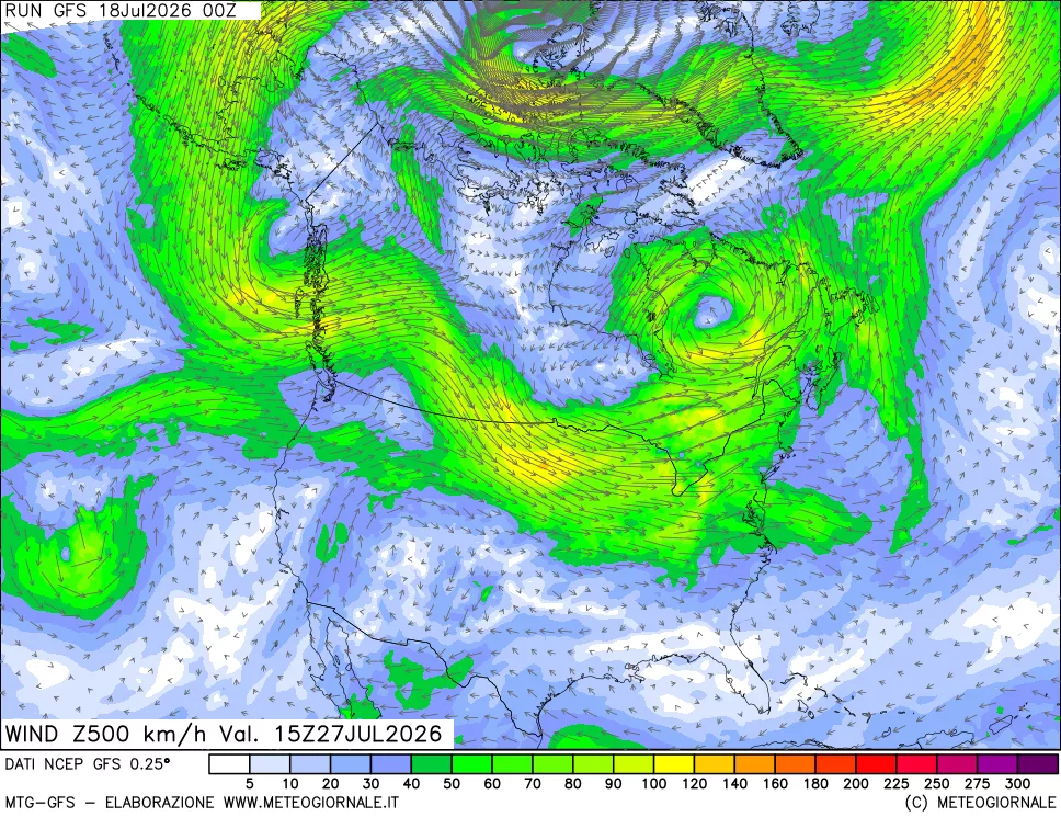mappa 500 hPa Vento forza e direzione