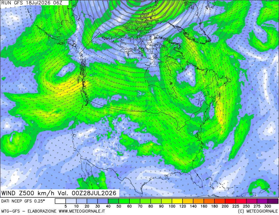 mappa 500 hPa Vento forza e direzione