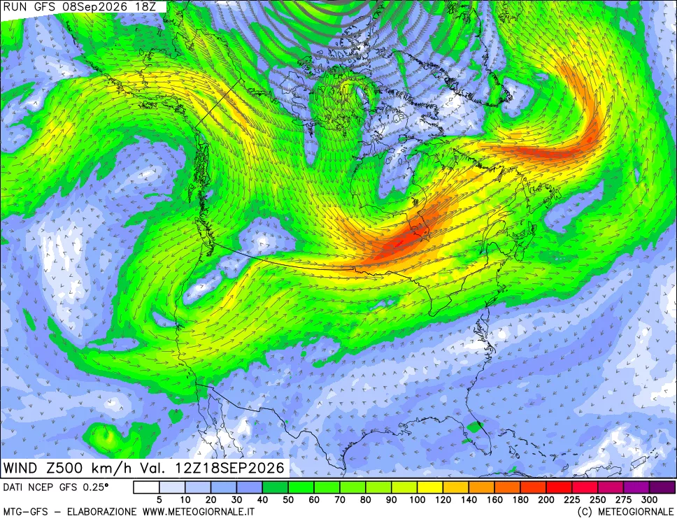 mappa 500 hPa Vento forza e direzione