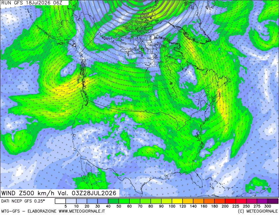 mappa 500 hPa Vento forza e direzione