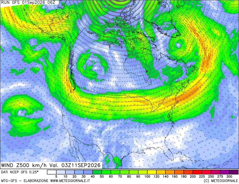 mappa 500 hPa Vento forza e direzione