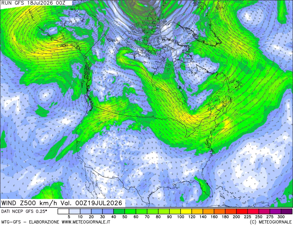 mappa 500 hPa Vento forza e direzione