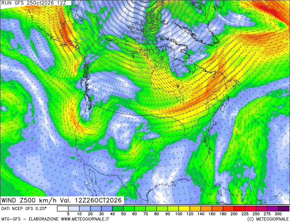 mappa 500 hPa Vento forza e direzione