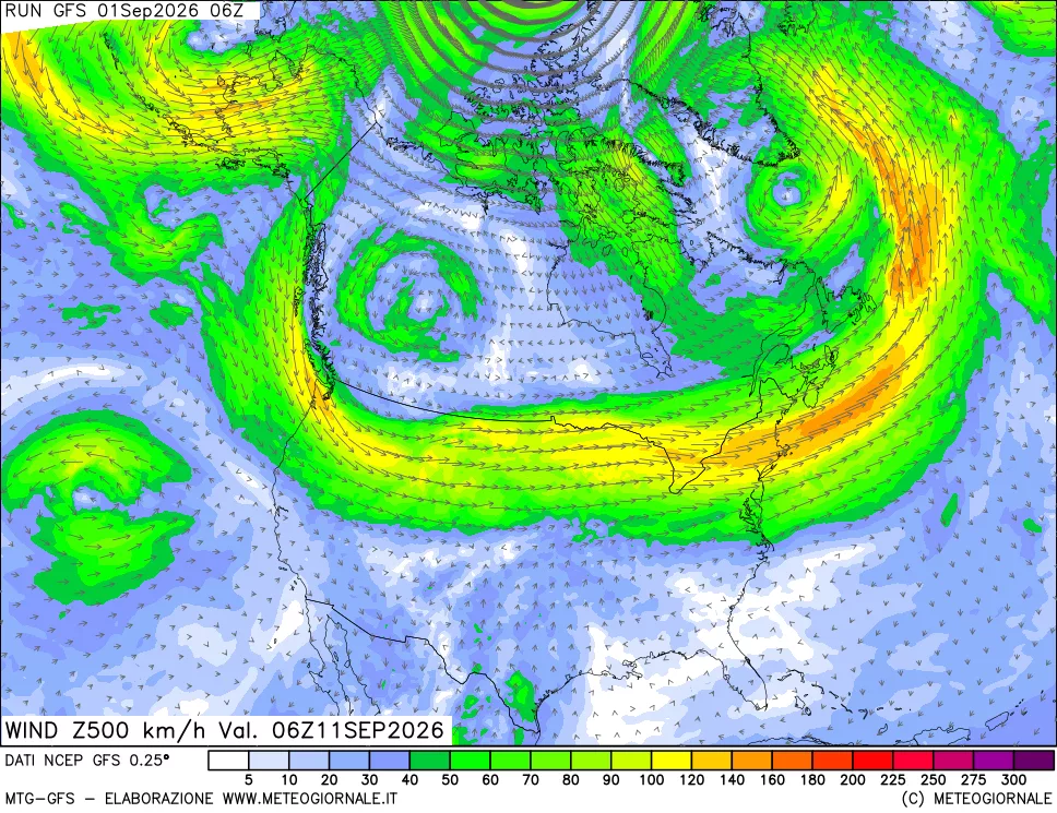 mappa 500 hPa Vento forza e direzione