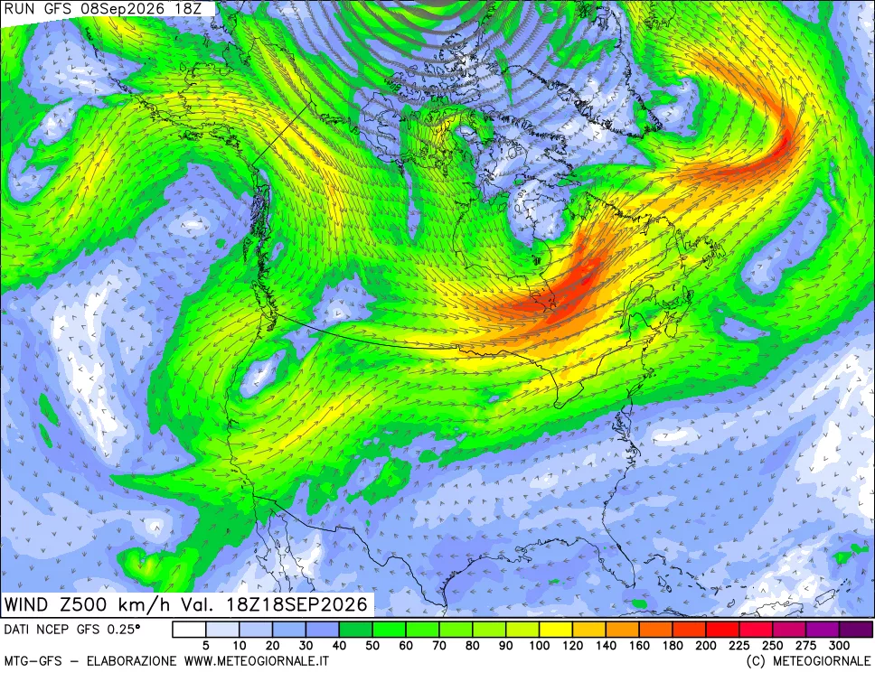 mappa 500 hPa Vento forza e direzione