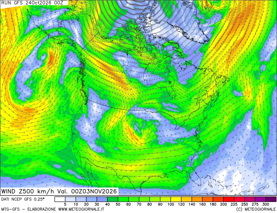 mappa 500 hPa Vento forza e direzione