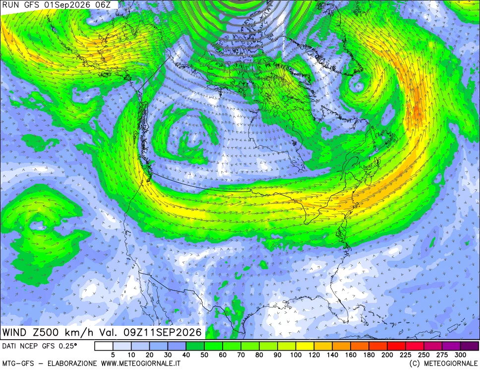 mappa 500 hPa Vento forza e direzione