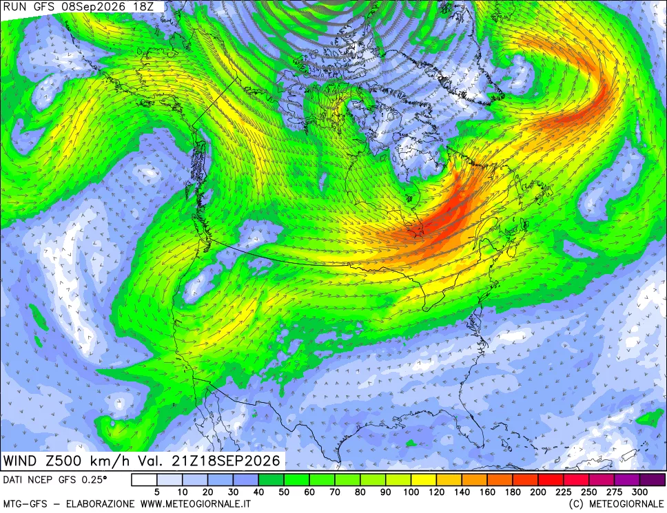 mappa 500 hPa Vento forza e direzione