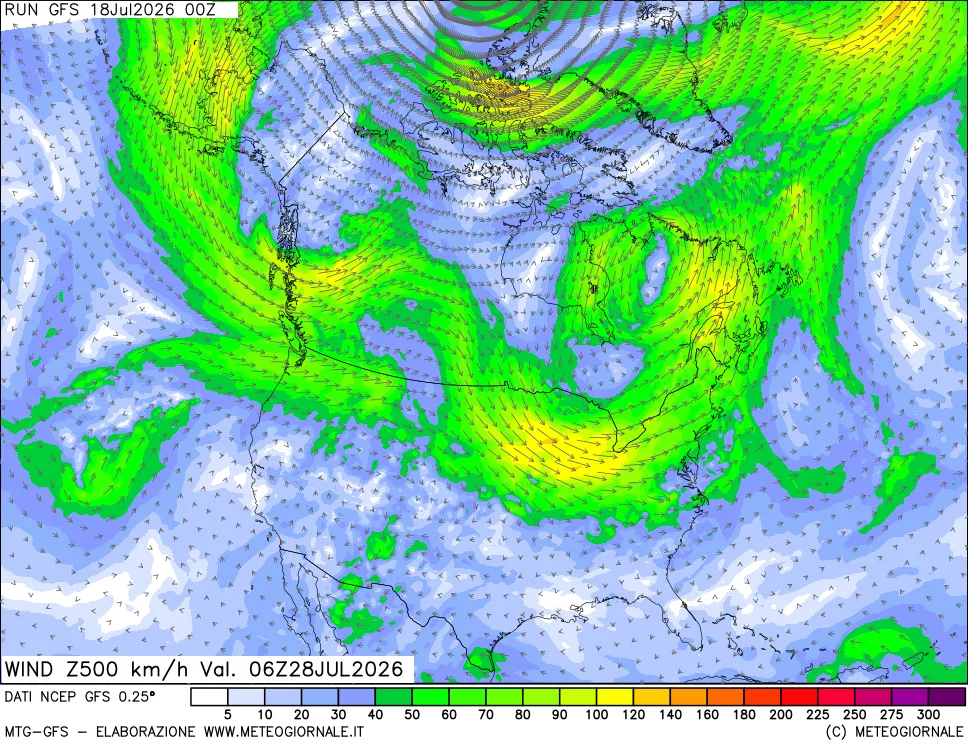 mappa 500 hPa Vento forza e direzione