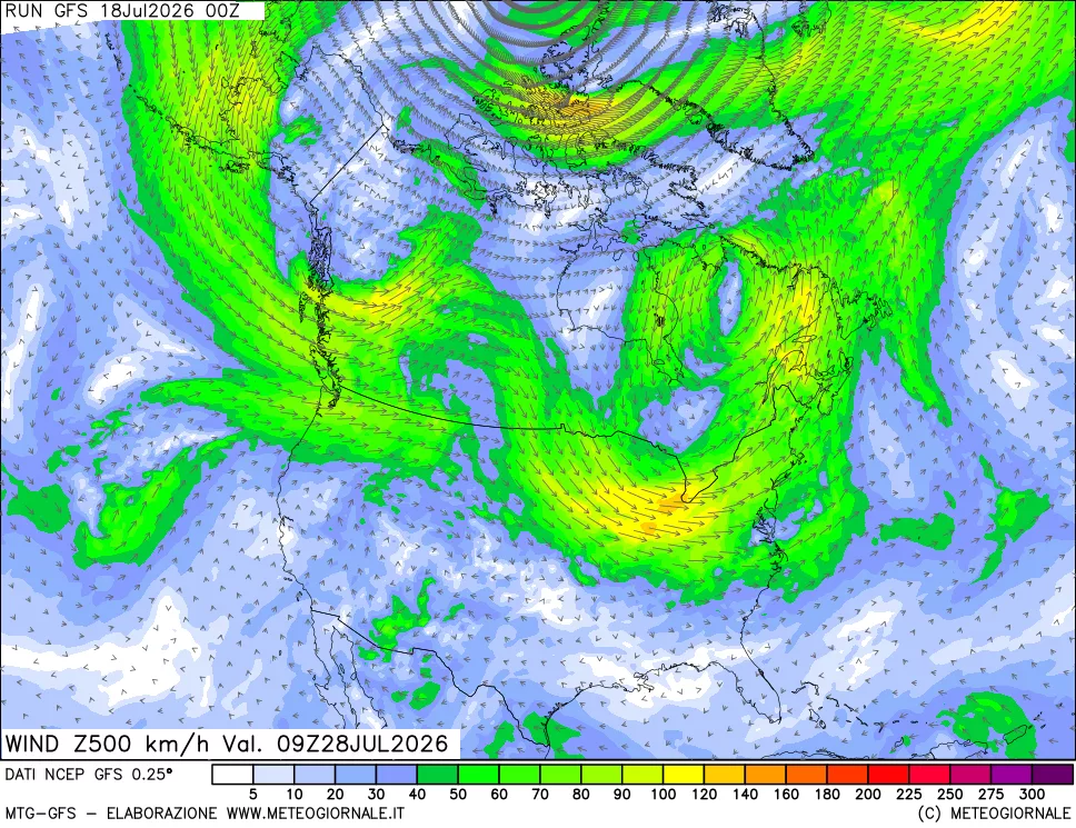 mappa 500 hPa Vento forza e direzione