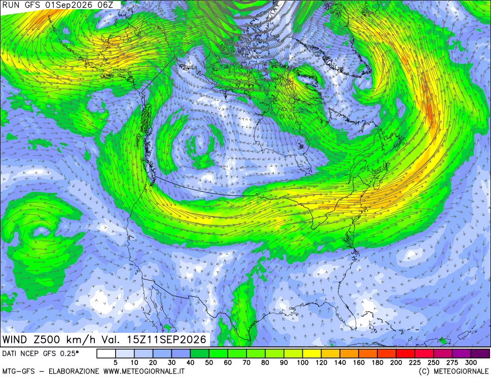 mappa 500 hPa Vento forza e direzione
