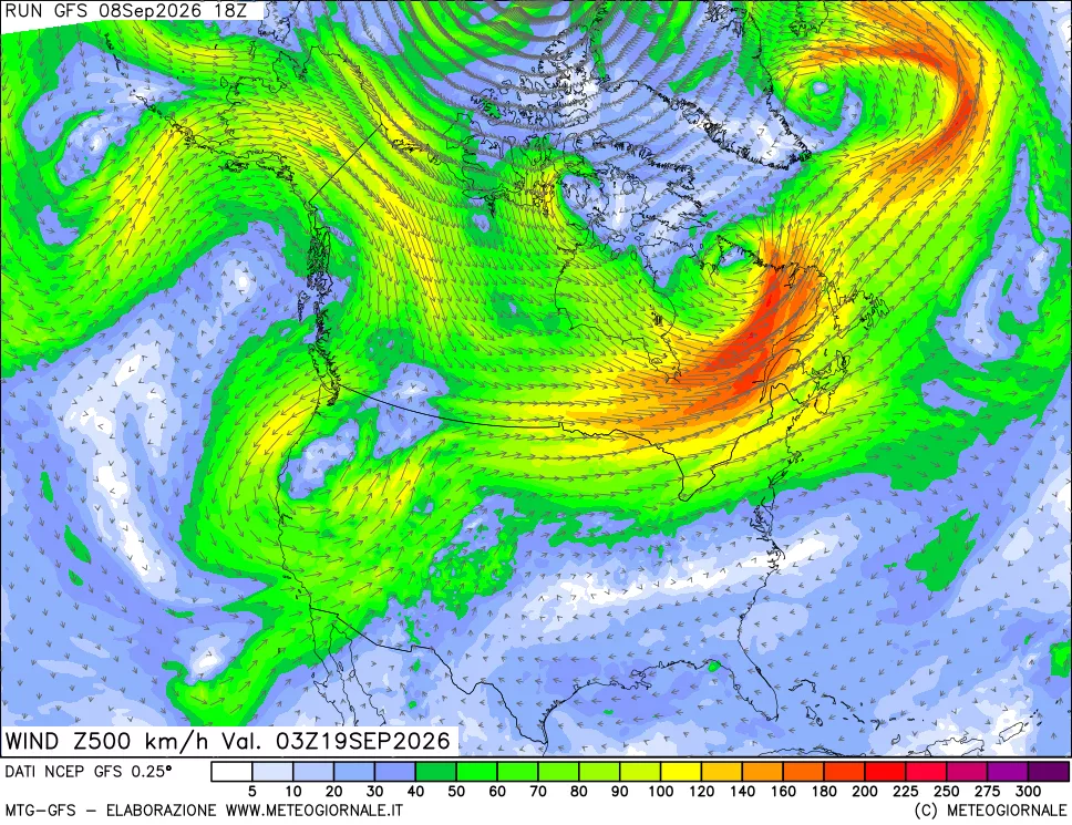 mappa 500 hPa Vento forza e direzione
