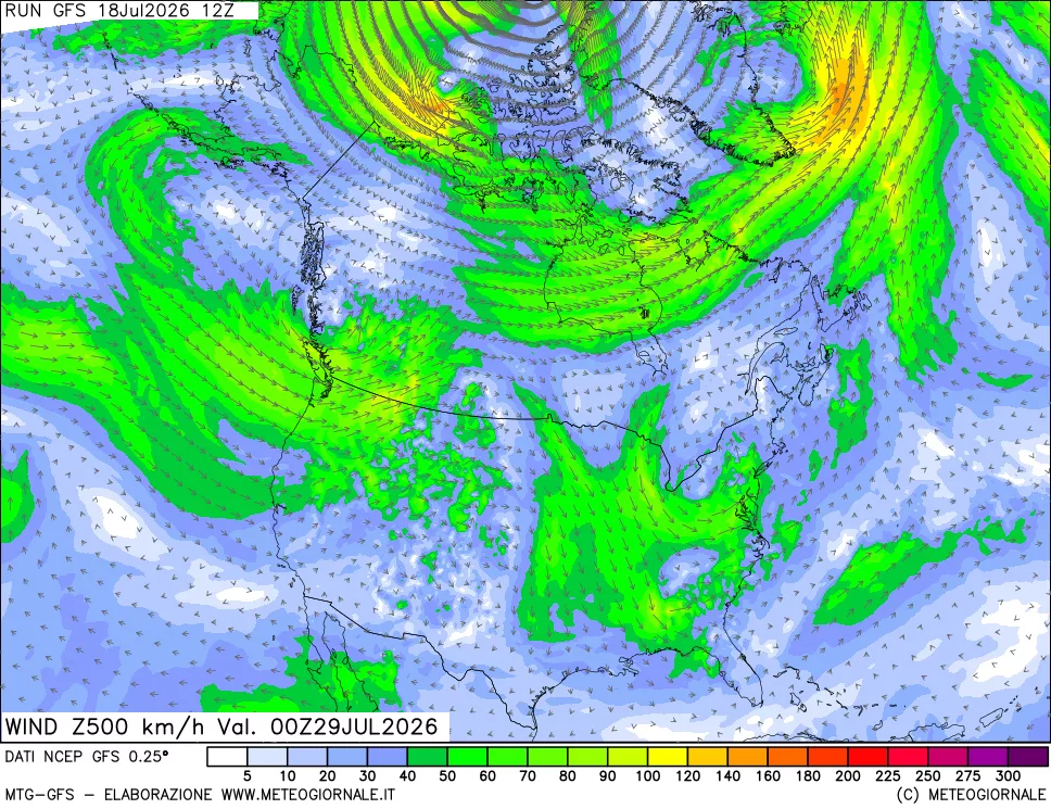 mappa 500 hPa Vento forza e direzione