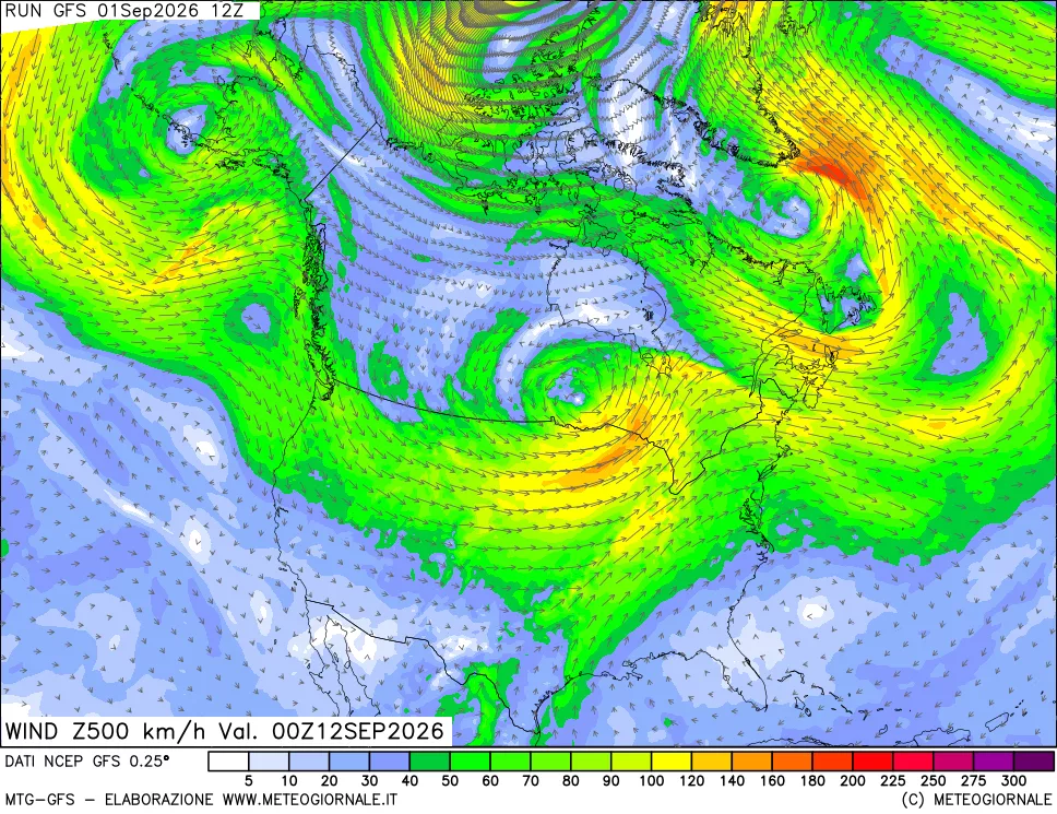 mappa 500 hPa Vento forza e direzione