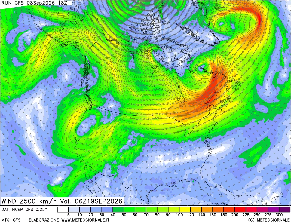 mappa 500 hPa Vento forza e direzione