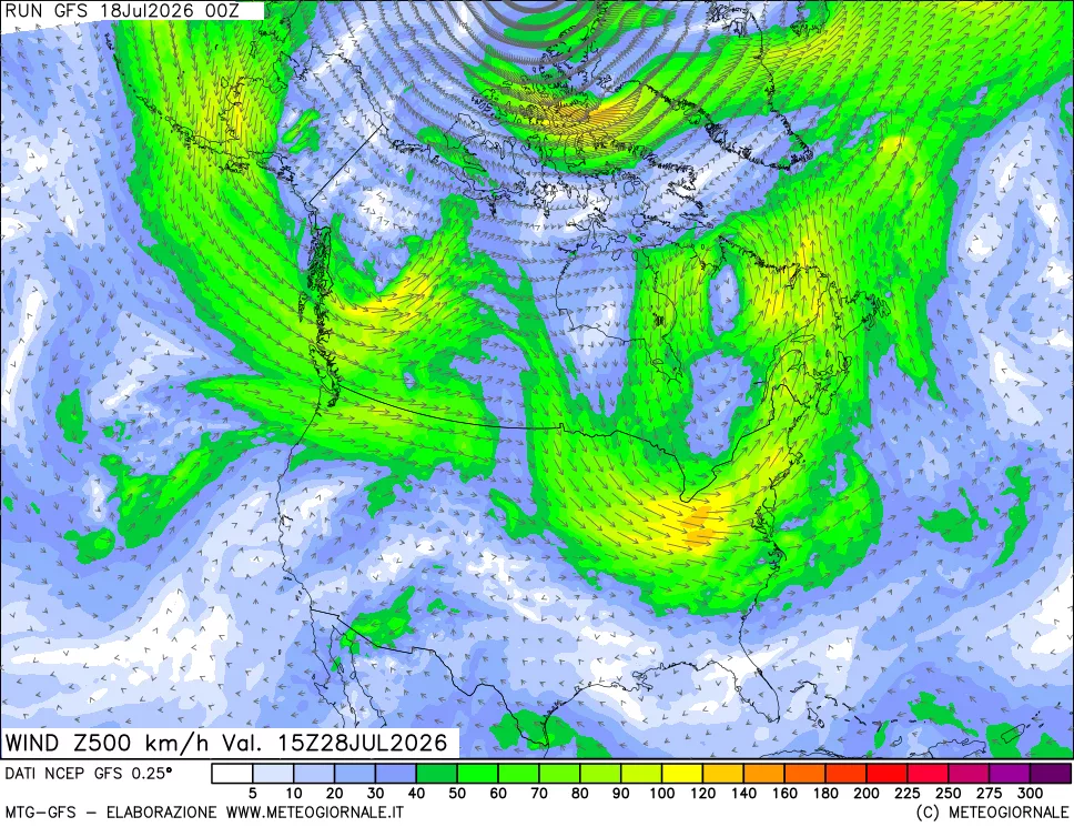 mappa 500 hPa Vento forza e direzione