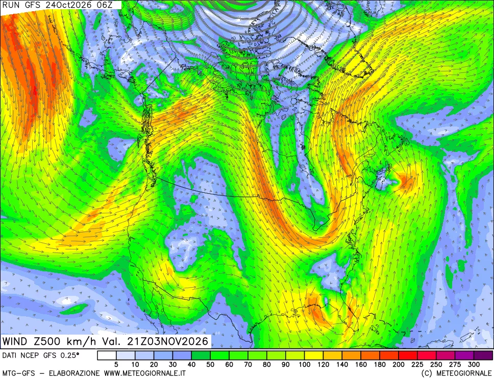 mappa 500 hPa Vento forza e direzione
