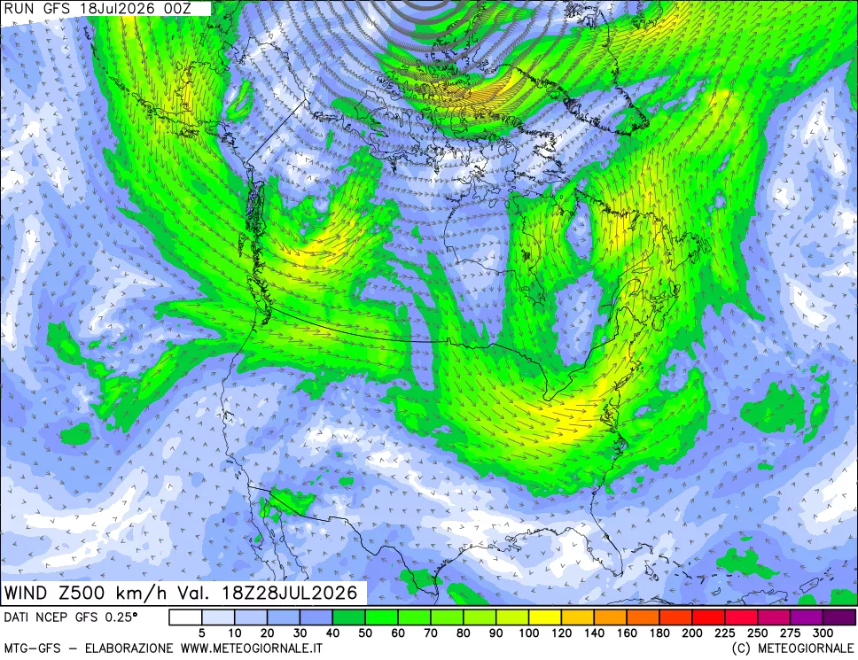 mappa 500 hPa Vento forza e direzione