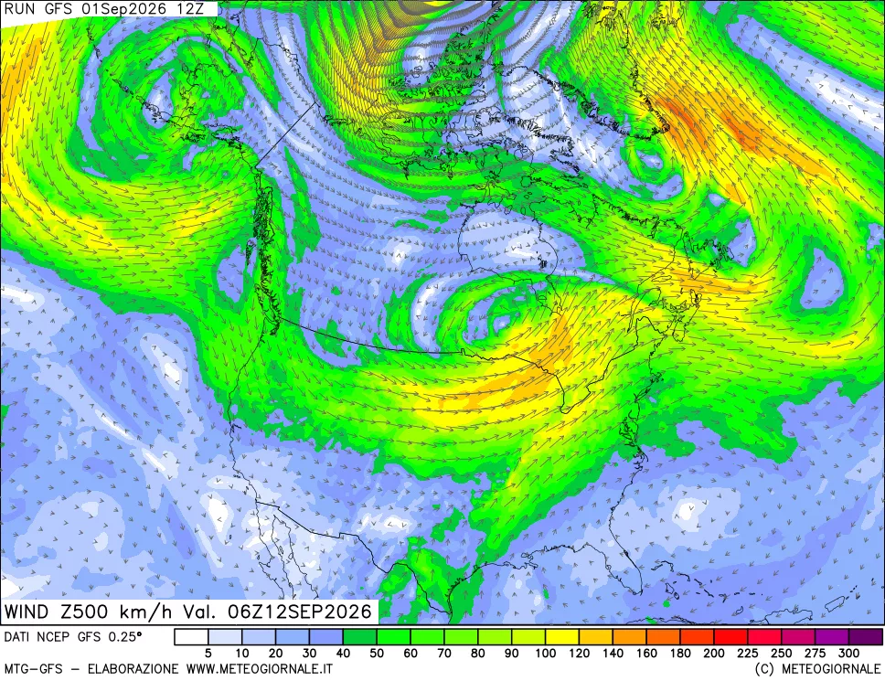 mappa 500 hPa Vento forza e direzione