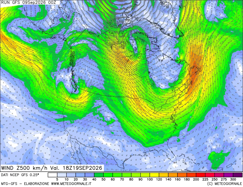 mappa 500 hPa Vento forza e direzione