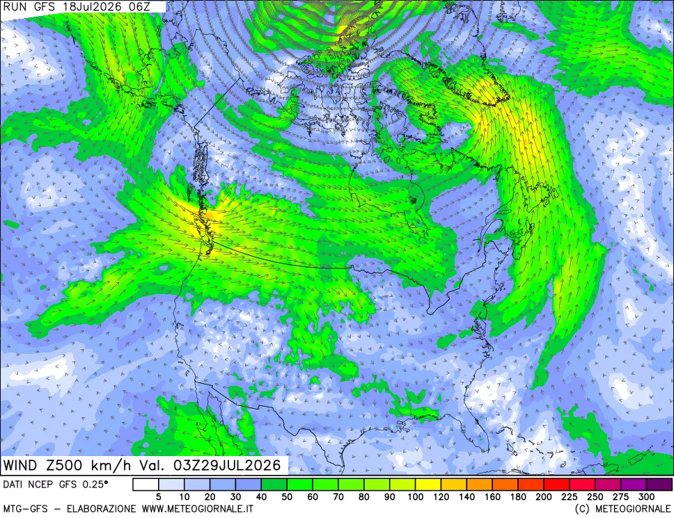 mappa 500 hPa Vento forza e direzione