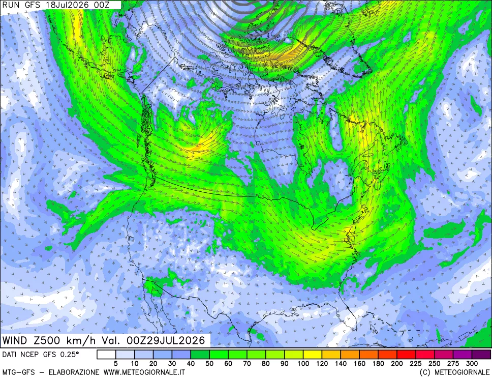 mappa 500 hPa Vento forza e direzione