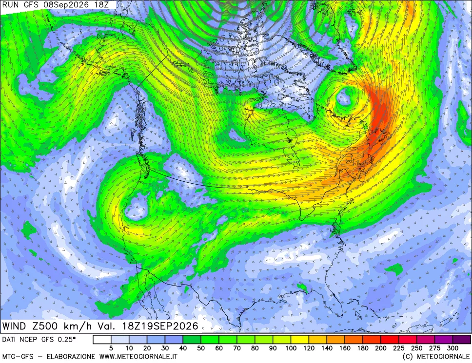 mappa 500 hPa Vento forza e direzione