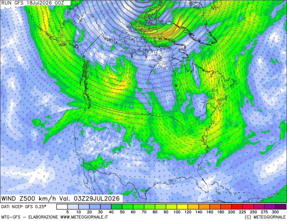mappa 500 hPa Vento forza e direzione