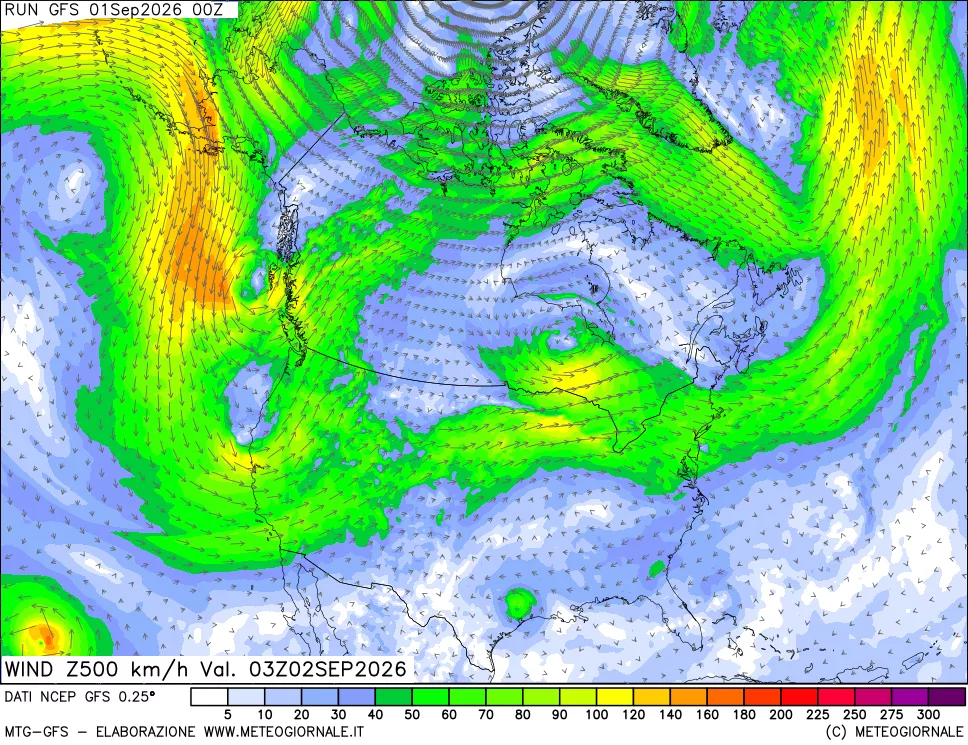 mappa 500 hPa Vento forza e direzione