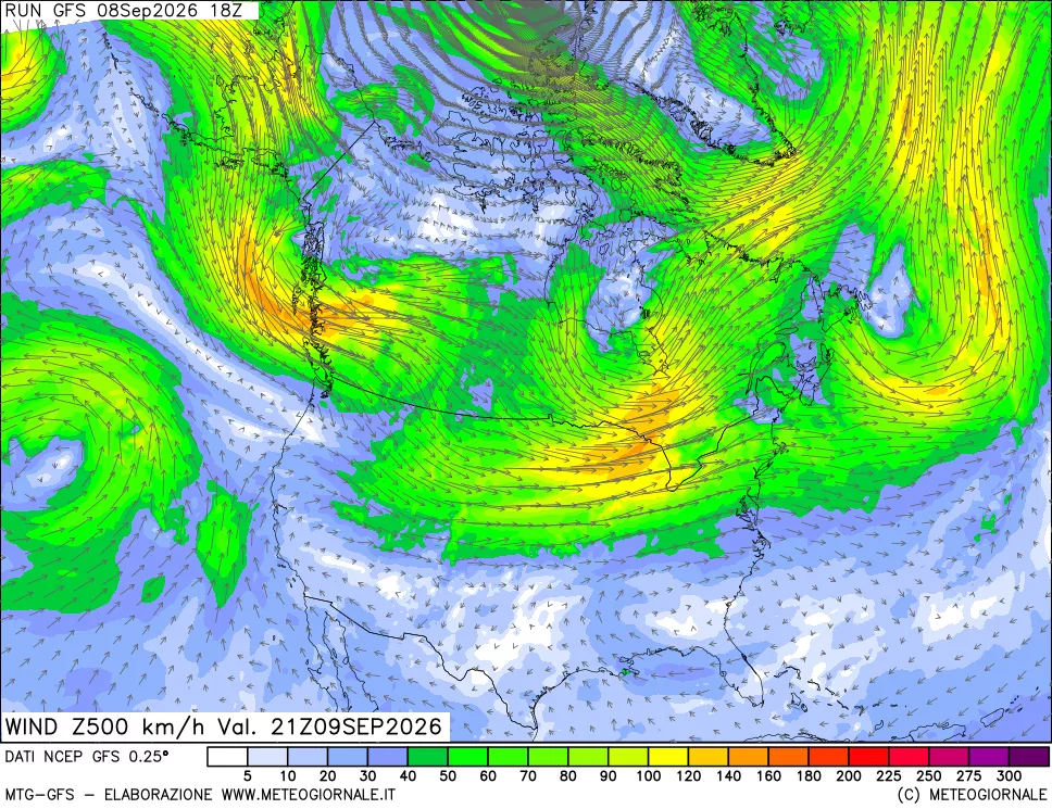 mappa 500 hPa Vento forza e direzione