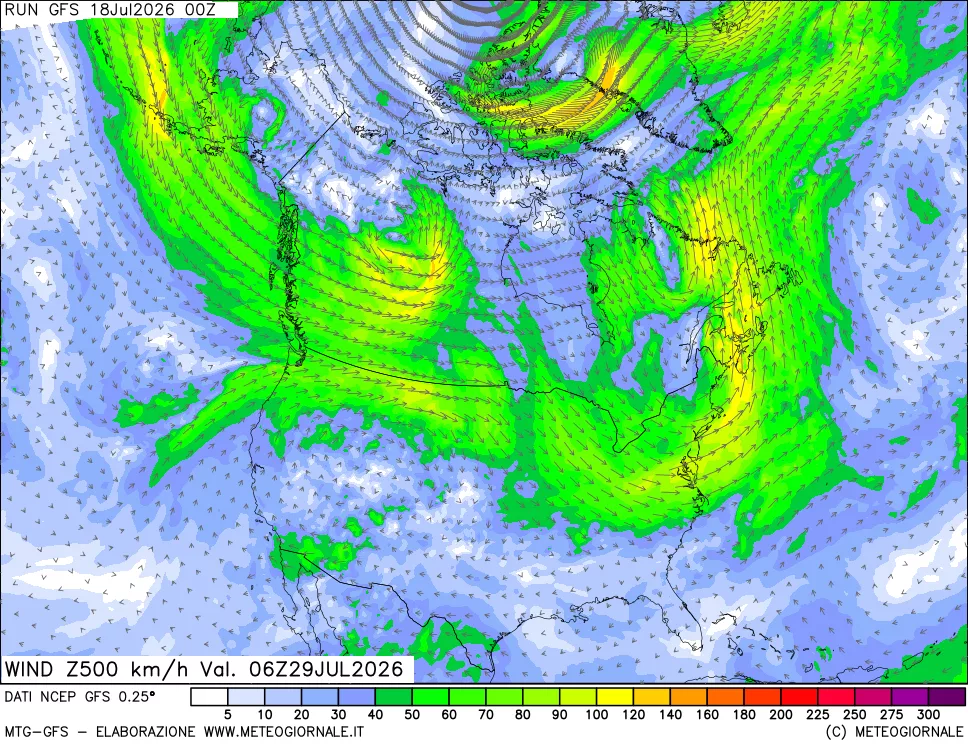 mappa 500 hPa Vento forza e direzione