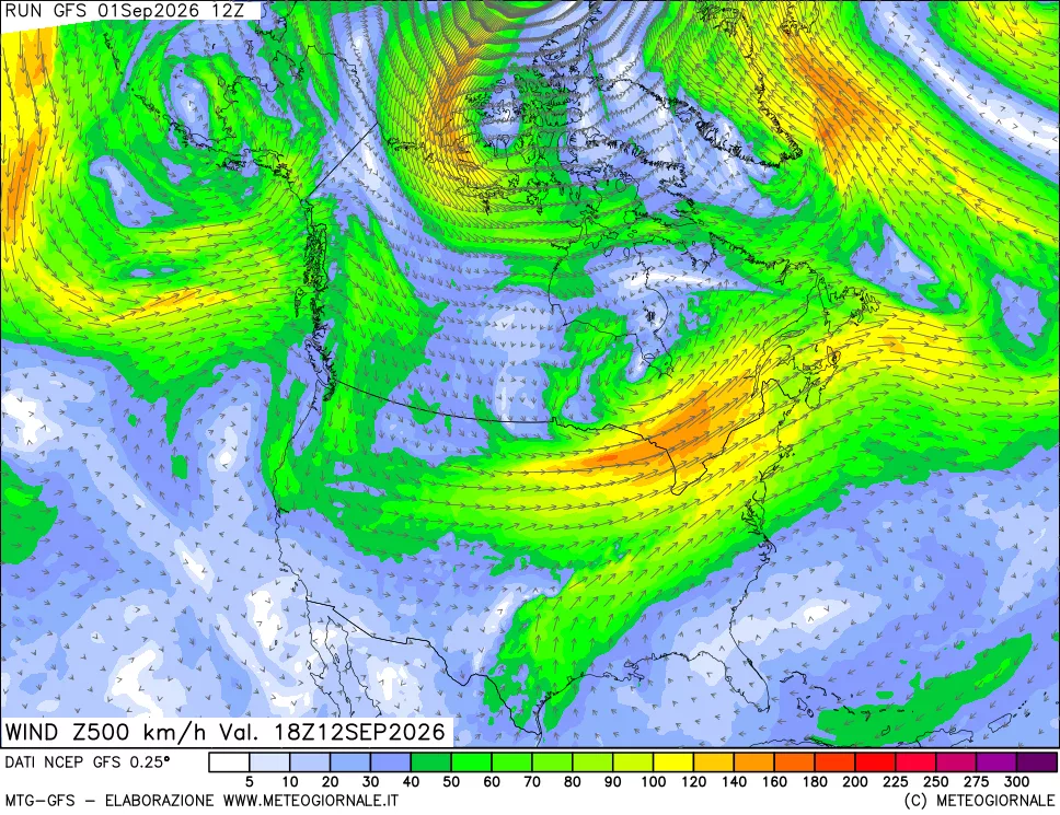 mappa 500 hPa Vento forza e direzione