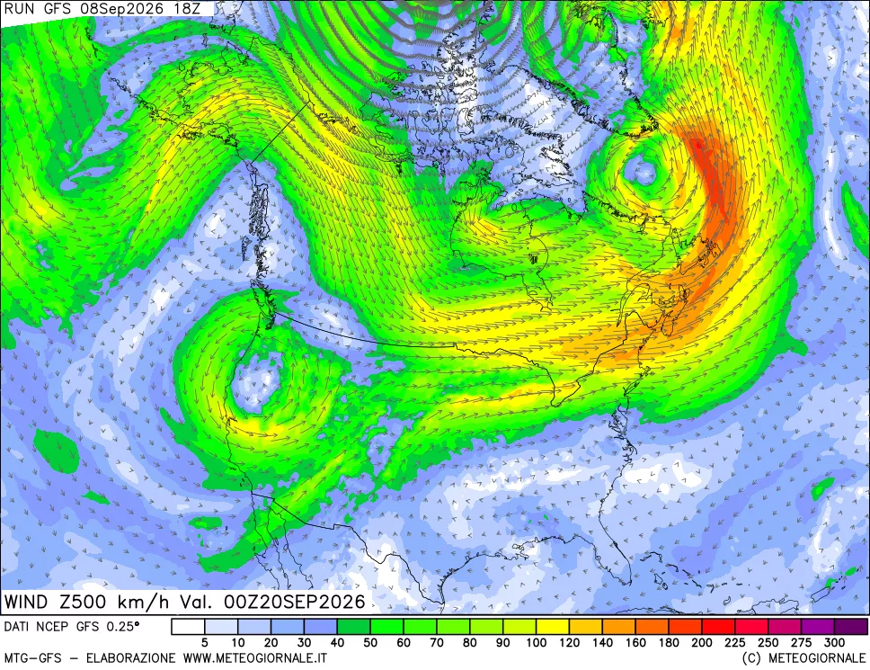 mappa 500 hPa Vento forza e direzione