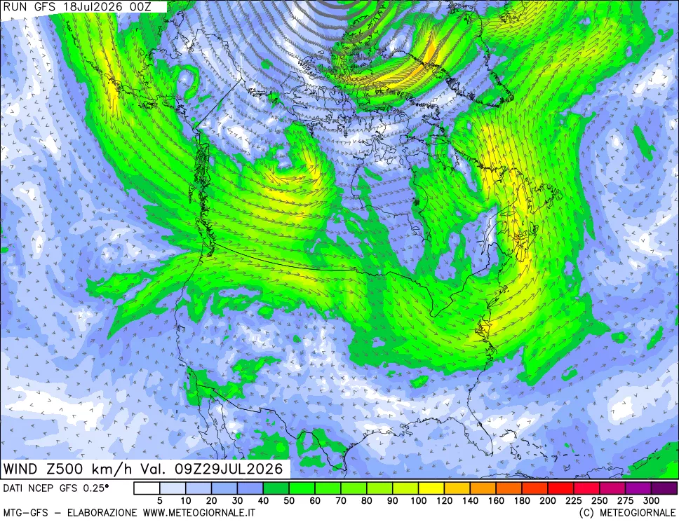 mappa 500 hPa Vento forza e direzione