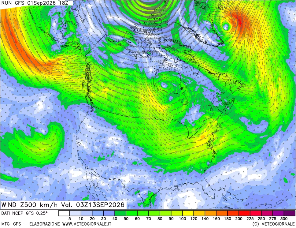 mappa 500 hPa Vento forza e direzione