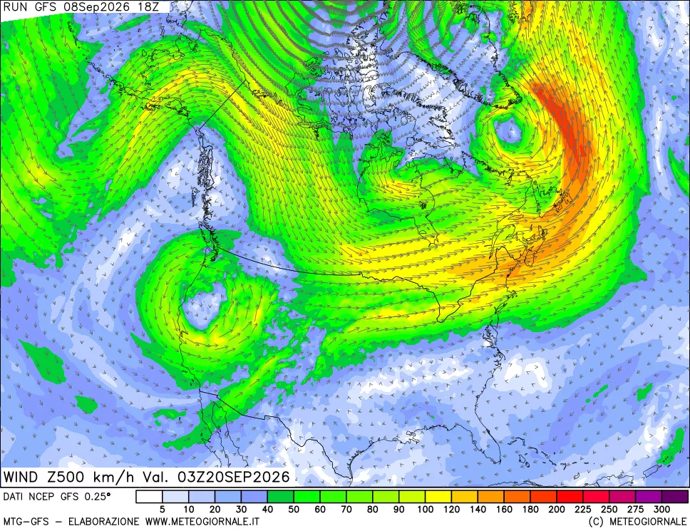 mappa 500 hPa Vento forza e direzione