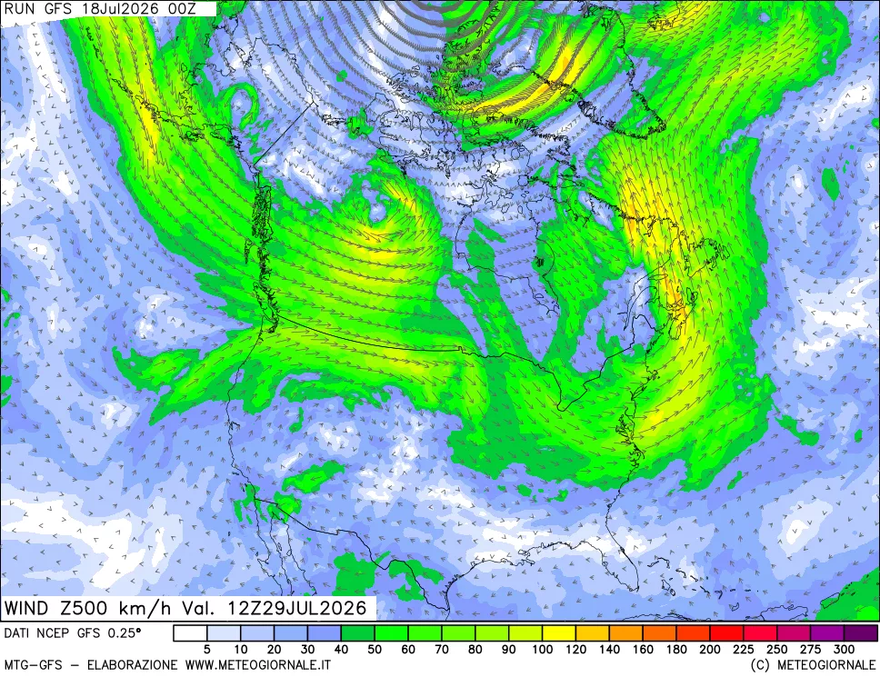 mappa 500 hPa Vento forza e direzione
