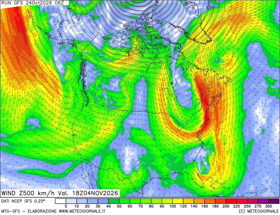 mappa 500 hPa Vento forza e direzione