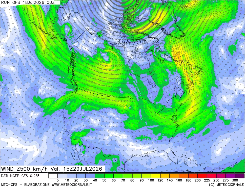 mappa 500 hPa Vento forza e direzione