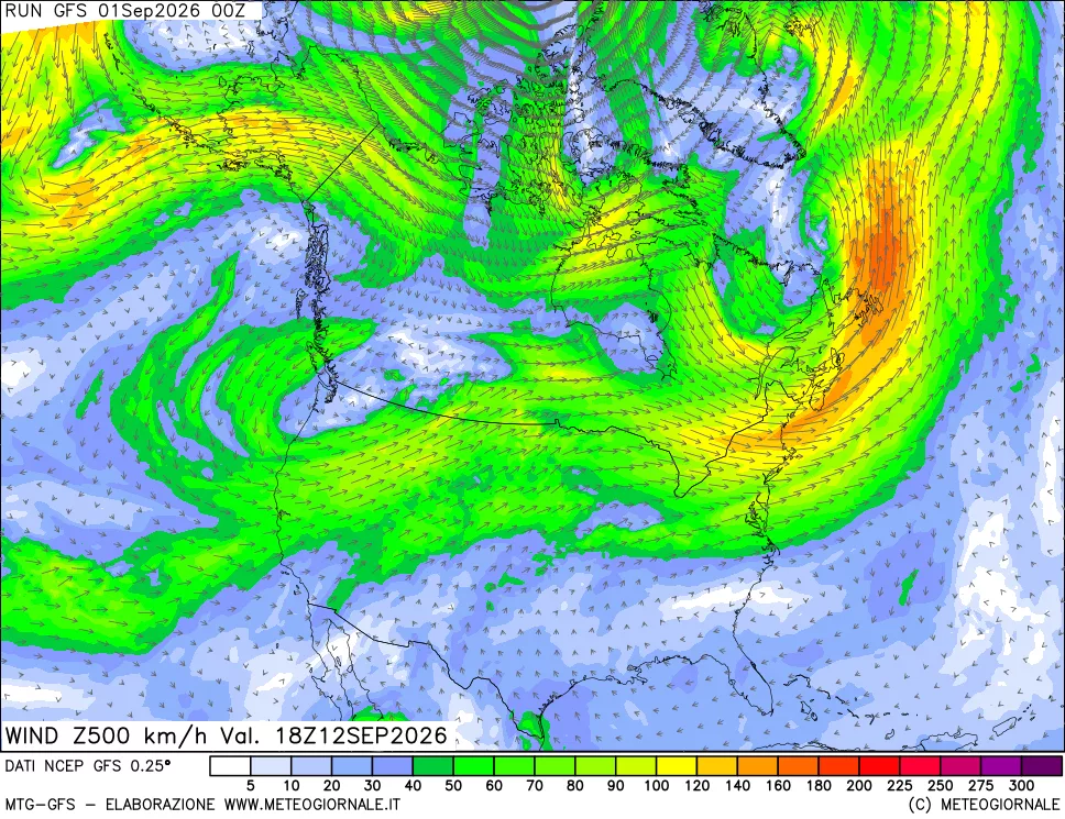 mappa 500 hPa Vento forza e direzione