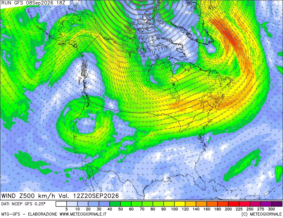 mappa 500 hPa Vento forza e direzione
