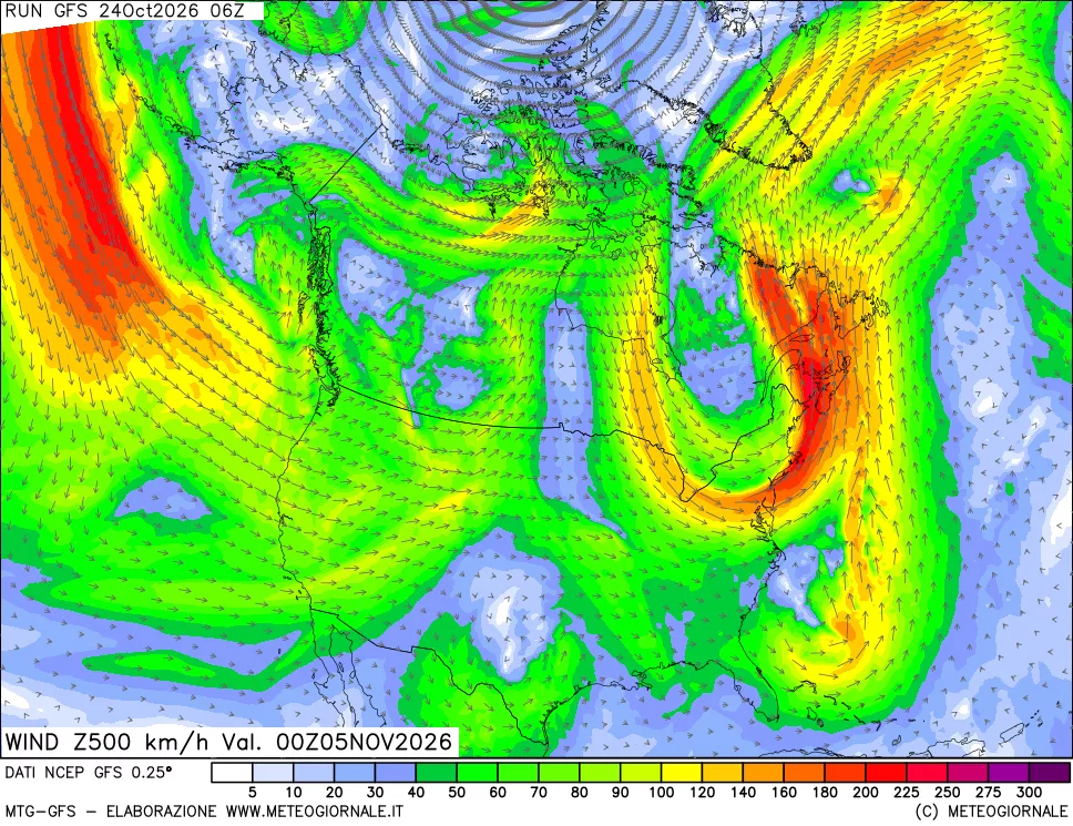 mappa 500 hPa Vento forza e direzione