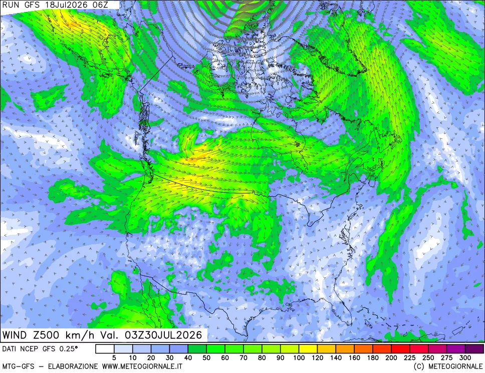 mappa 500 hPa Vento forza e direzione