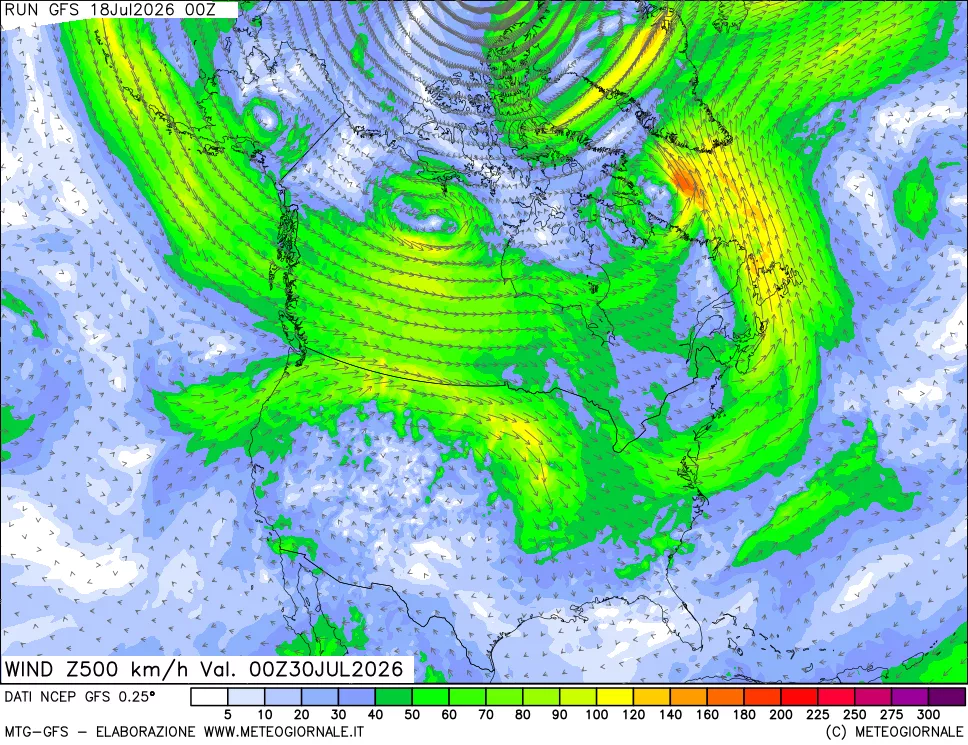 mappa 500 hPa Vento forza e direzione