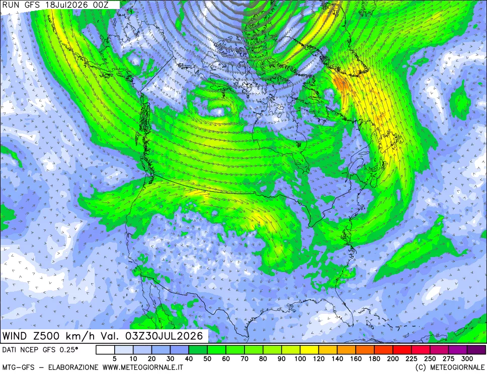 mappa 500 hPa Vento forza e direzione