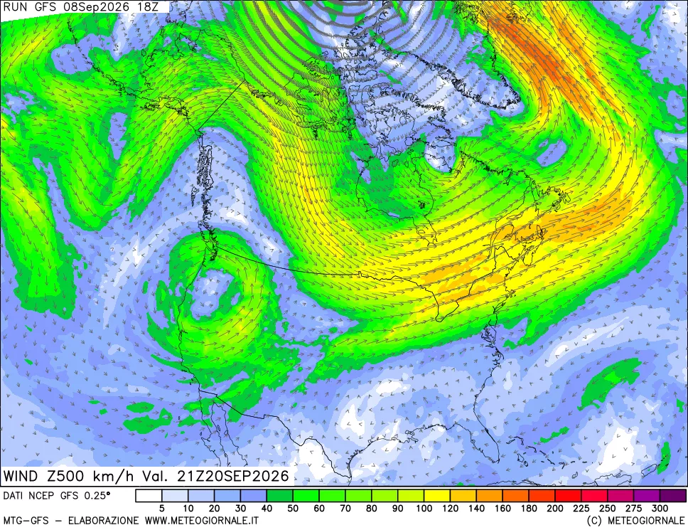 mappa 500 hPa Vento forza e direzione