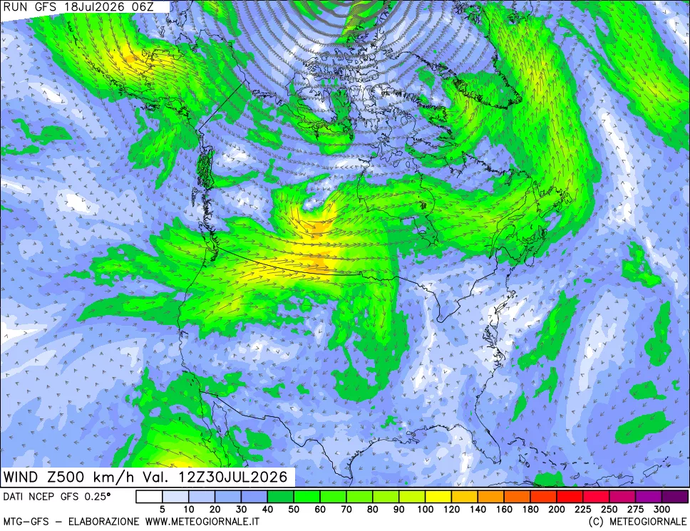 mappa 500 hPa Vento forza e direzione