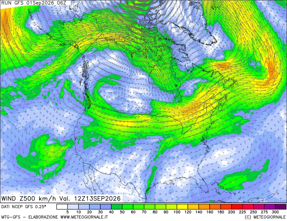 mappa 500 hPa Vento forza e direzione