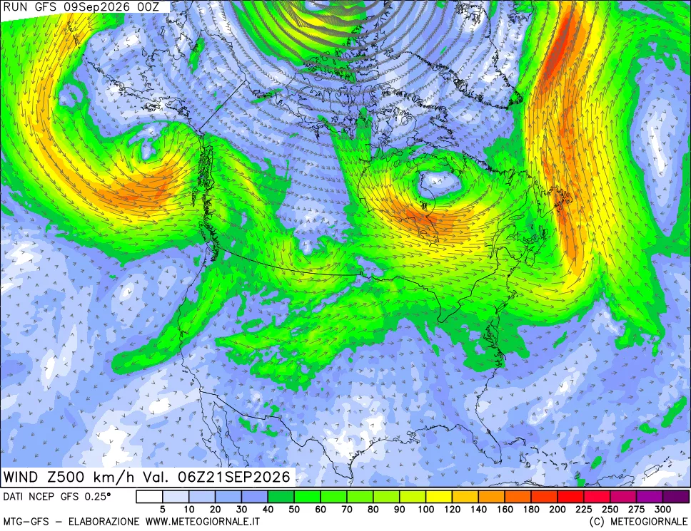 mappa 500 hPa Vento forza e direzione