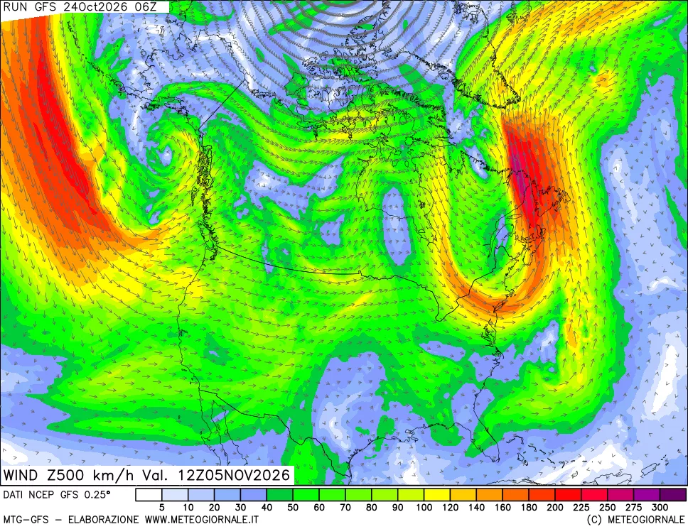 mappa 500 hPa Vento forza e direzione